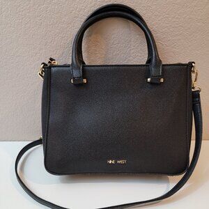Nine West Black Structured Satchel Bag | Top Handle & Crossbody | Gold Hardware